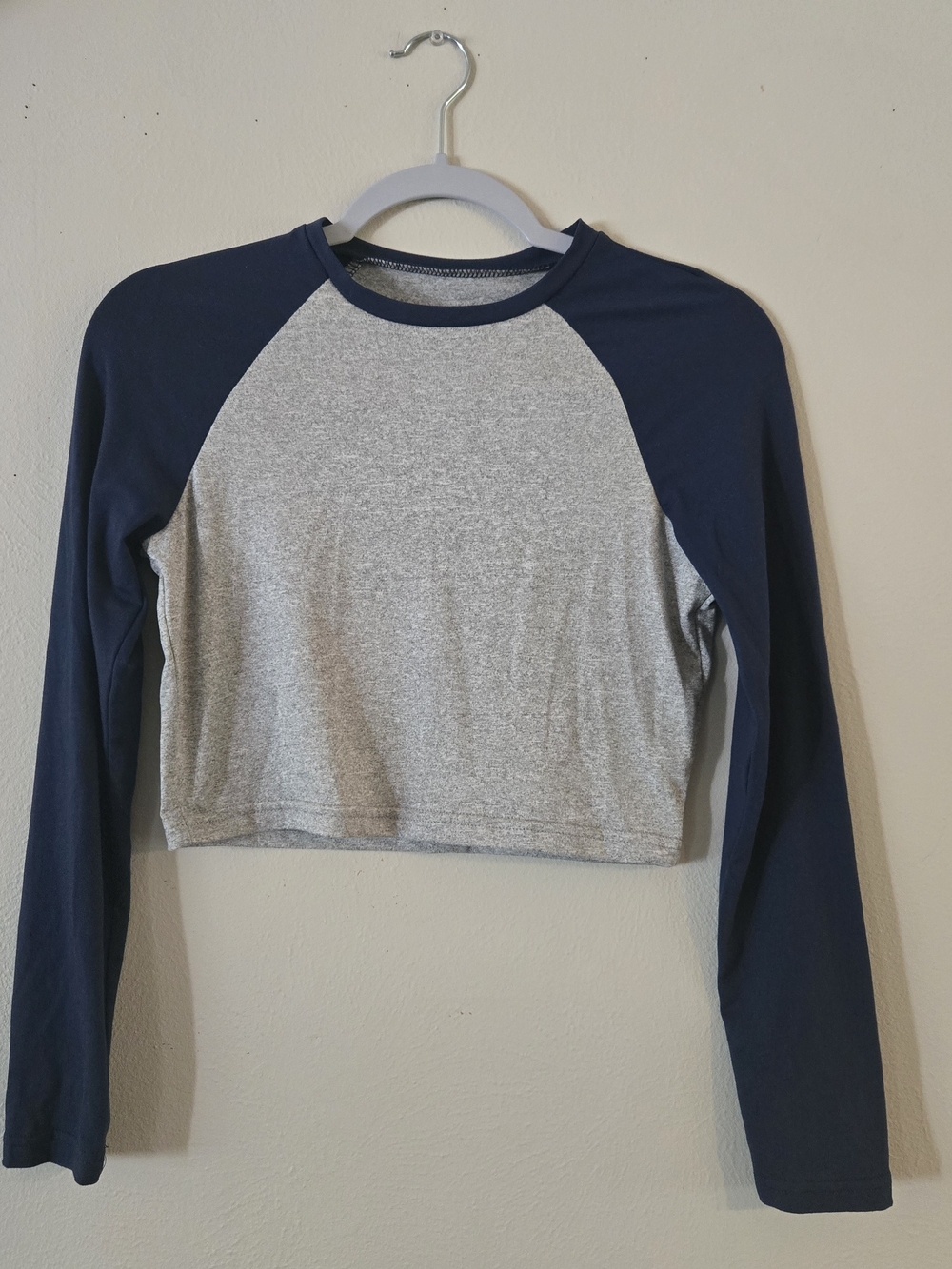 SHEIN Grey Crop Top with Navy Raglan Sleeves